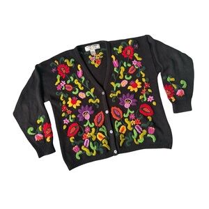 Vtg Cabincore Kitty Hawk by Vivian Lang Floral Embroidered Cardigan Sweater Lg